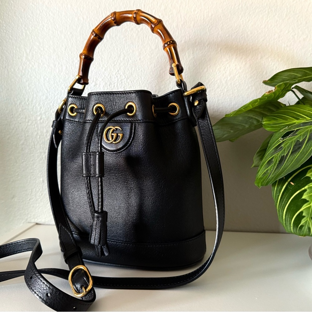 Gucci Black Leather Bucket Bag with Bamboo Handle